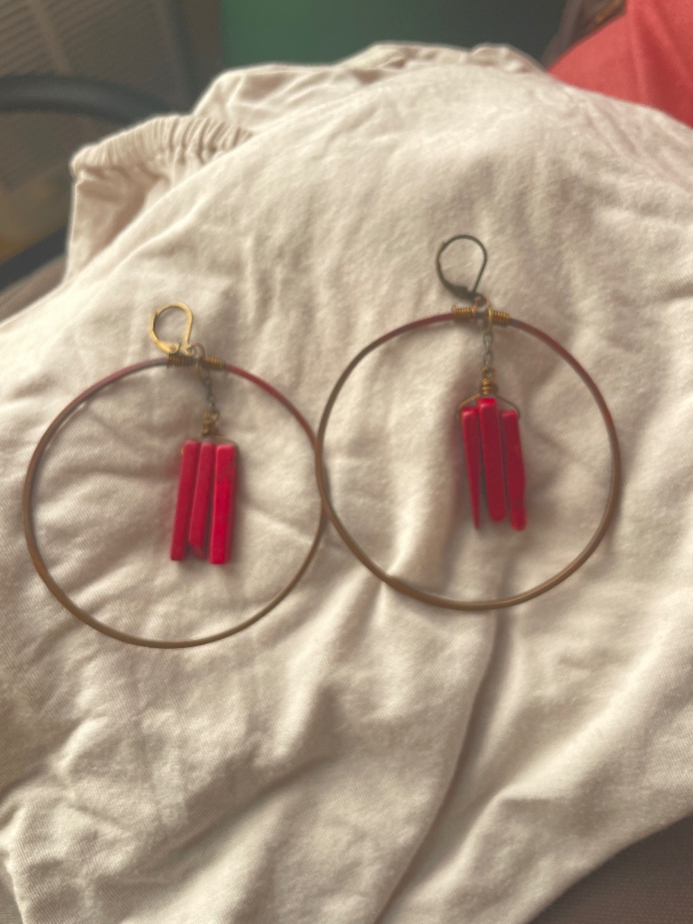 brass + copper metal mix hoop+ moon earrings with garnet stone--handmade-rustic